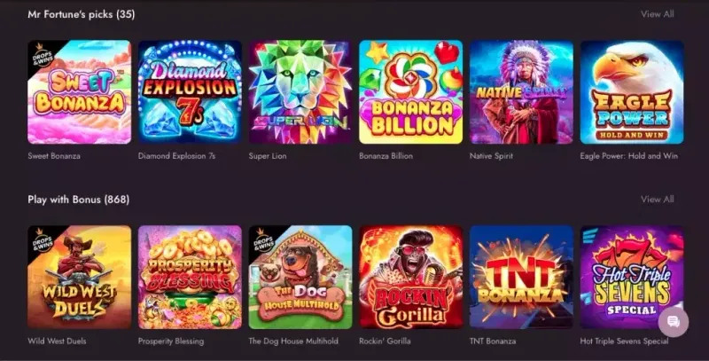 Mr Fortune lobby rows: Mr Fortune's picks and Play with Bonus