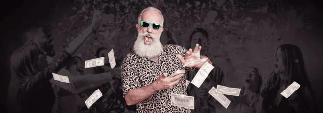 Mr Fortune host in sunglasses and a leopard-print shirt throwing banknotes at a party