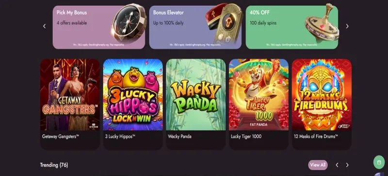 Mr Fortune promotions: Pick My Bonus, Bonus Elevator and 100 daily spins above the game lobby